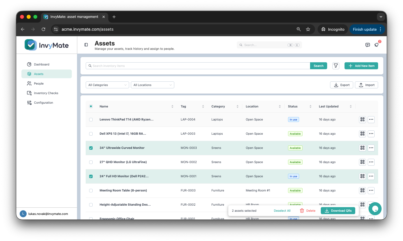 InvyMate dashboard showing asset list and assignments